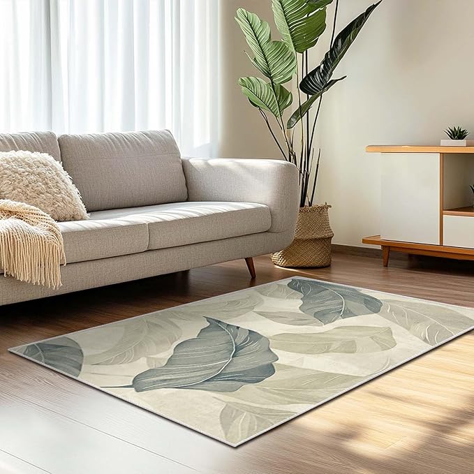 3x5 Entryway Rug Vintage Botanical Leaf Beige Area Rug Bedroom Bedside Thin Small Carpet Bathroom Non Slip Indoor Entrance Low Pile Door Mat Kitchen Stain Resistant Washable Machine