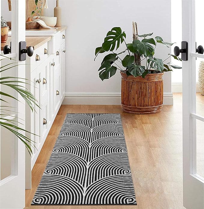 Tiffasea Washable Runner Rug 2'X5', Cotton Woven Kitchen Runner Entryway Rug Black and White Indoor/Outdoor Throw Carpet Modern Area Rug for Hallway Bedroom Laundry Room
