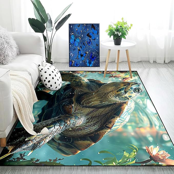 Sea Turtles Rug for Kids - Sea Turtle Area Rug 47" L x 31" W Ocean Life Turtles Carpet for Bedroom Living Room Ocean Turtle Kids Room Decor