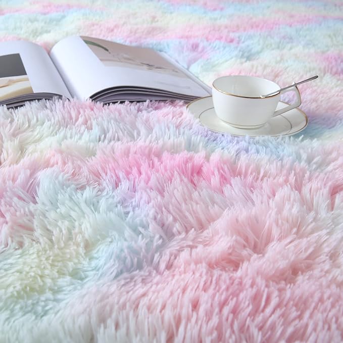 Rainbow Rugs for Girls Bedroom 3x5: Shag Fuzzy Area Rug for Kids Playroom,Pastel Plush Shaggy Carpet for Nursery Baby Toddler Dorm Room