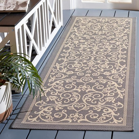 SAFAVIEH Courtyard Collection Runner Rug - 2'3" x 14', Grey & Natural, Scroll Design, Non-Shedding & Easy Care, Indoor/Outdoor & Washable-Ideal for Patio, Backyard, Mudroom (CY2098-3606)