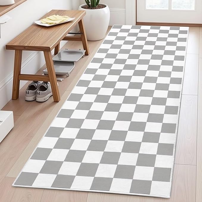 Terrug Grey and White Checkered Runner Rug for Bedroom, 2x6 Soft Washable Rug with Non Slip, Low Pile Stain Resistance Carpet for Entryway Hallway Kitchen Laundry Living Room