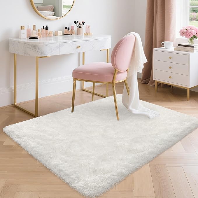 White Fluffy Rug for Bedroom Living Room, 3x5 Furry Cream Area Rug Soft Fuzzy Shag Carpet for Boys Girls Room Dorm Dresser Bedside, Plush Thick Throw Kids Shaggy Rug Non-Slip for Nursery
