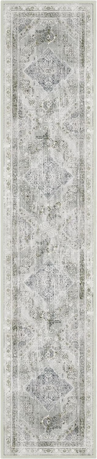 Phantoscope Hallway Runner Rug 2'x10'- Long Rug Runner Boho Washable Non-Slip Carpet for Kitchen Entryway Laundry Bedroom, Ultra-Thin Runners Vintage Distressed Accent Rug, Grey/Dull Teal