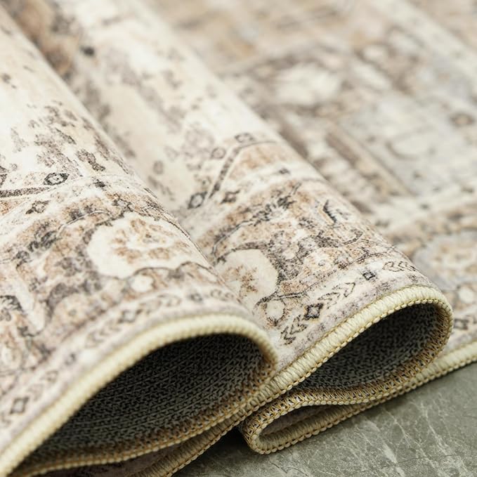 Washable 4x6 Area Rugs - Living Room Area Rug Stain Resistant Carpet Vintage Lightweight Ultra-Thin Rugs for Bedroom Kitchen entryway with Non Slip Backing Home Decor Small Mat 4X6 Beige