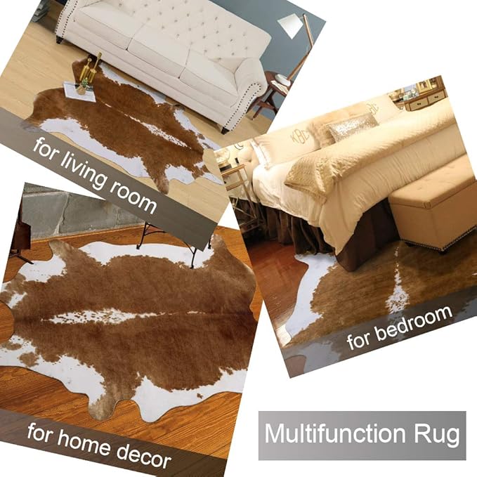 AROGAN 8x10 Faux Cowhide Area Rugs for Living Room, Animal Skins Cow Hide Rug for Bedroom, Cool Western Christmas Decor, Thin Leather Cow Hide Carpets Fireplace Rug, Brown