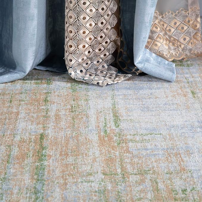 jinchan Runner Rug 2x10 Hallway Abstract Sketch Distressed Washable Kitchen Rug Green Multi Print Colorful Overdyed Chenille Thin Rug Contemporary Carpet for Bathroom Laundry Room Bedroom Living Room