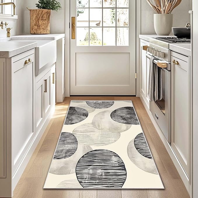 3x5 Entryway Rug Abstract Minimalist Black Beige Circle Neutral Area Rug Bedroom Bedside Small Carpet Bathroom Non Slip Indoor Entrance Low Pile Door Mat Kitchen Stain Resistant Washable Machine