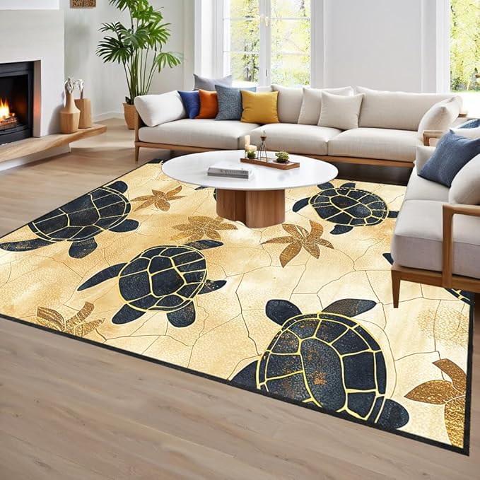 Yellow Sea Turtle Rug - Sea Turtle Carpet, Beach Themed Carpet for Kids Teens Adults Ocean Animal Rugs for Living Room Indoor Coastal Children Play Room Floor Mat 3x4 Feet