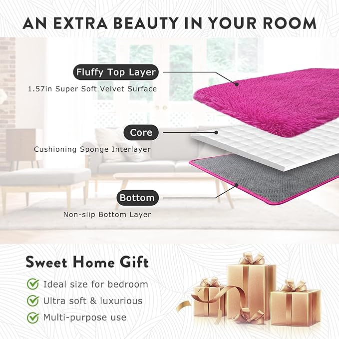 4x6 Hot Pink Rug for Bedroom Girls, Soft Fluffy Plush Shag Rugs for Kids Baby Bedside, Non-Slip Indoor Floor Thick Rugs, Living Room Nursery Dorm Home Decor Throw Carpet
