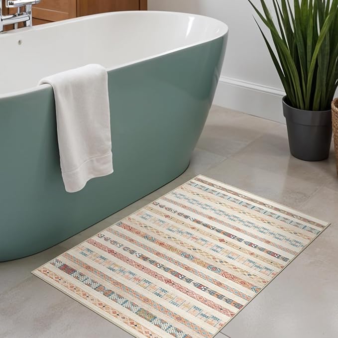 2x3 Washable Moroccan Area Rug: Geometric Boho Area Rugs for Entryway Small Mat for Kitchen with Non-Slip Backing Indoor Bedroom Door Mat Yellow Colourful 2'x3'.