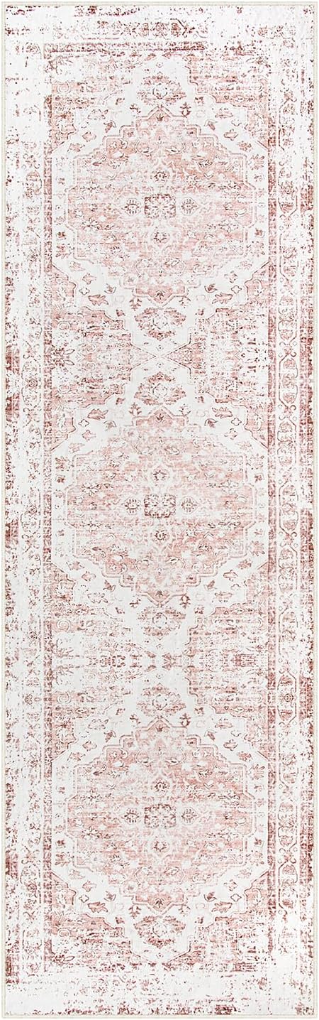Morebes Vintage Pink Rugs for Bedroom Girls, 2x8 Washable Runner Rug for Hallways Non Slip, Boho Soft Low Pile Indoor Floor Carpet Runner for Living Room Kids Playroom Nursery