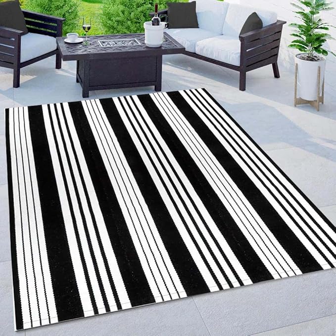 BUAGETUP Black and White Outdoor Patio Rug,5x8ft Striped Outdoor Rug Machine Washable Hand Woven Cotton for Living Room Front Porch