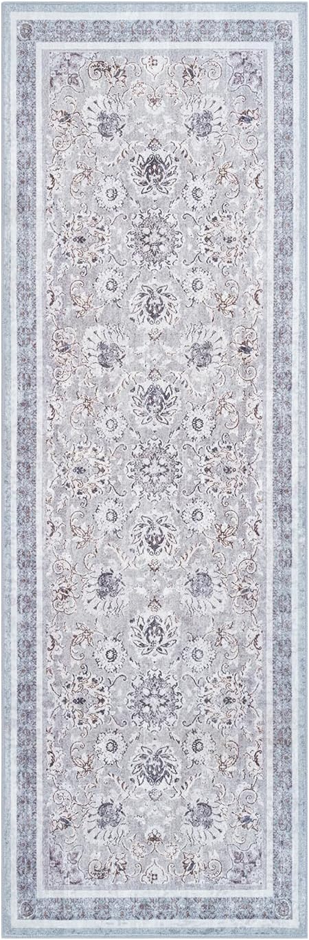 Phantoscope Hallway Runner - Boho Washable Non-Slip Kitchen Rug, Ultra-Thin Vintage Distressed Accent Throw for Entryway Laundry Bathroom Bedroom, Light Grey/Neutral, 2'x6'