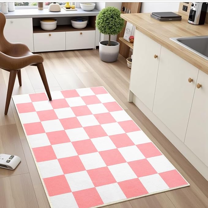 Terrug Pink and White Small Checkered Rug for Bedroom, 2x3 Soft Washable Rug with Non Slip Backing, Low Pile Throw Carpet for Entryway Hallway Kitchen Laundry Room