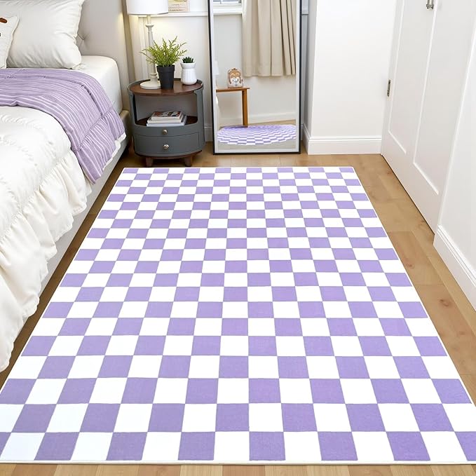 Terrug Purple and White Checkered Rug for Living Room Bedroom, 3x5 Soft Washable Area Rug with Non Slip, Low Pile Stain Resistance Carpet for Kids Room Entryway Kitchen Dorm