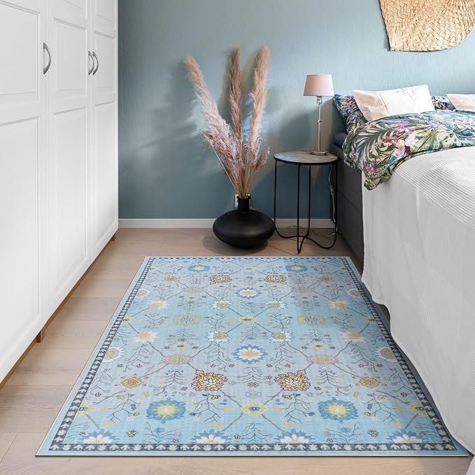 Syalife 3x5 Area Rugs, Non Slip Washable Low Pile Rugs for Living Room, Kitchen, Hallway, Bedroom Bedside, Kids Room, College Dorm (Blue Floral, 3'x5')