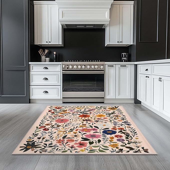 4x6 Rug Boho Floral Area Rug Bedroom Ultra-Thin Soft Low Pile Large Carpet Living Room Non Slip Dining Room Office Stain Resistant Washable Machine
