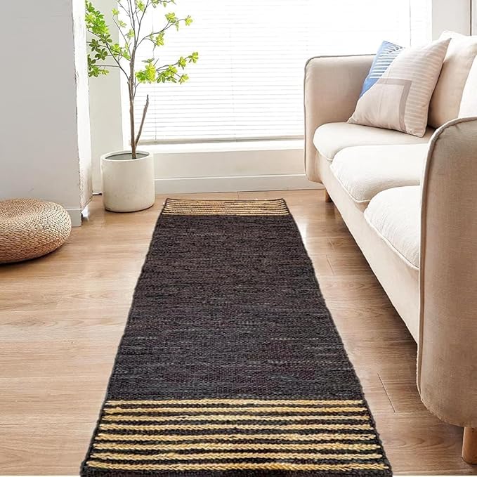 GRUHUM Jute Runner Rug 2'6"x4'ft Natural Fibre Rectangular Jute Area Rug Brown Leather Handwoven Boho Farmhouse Braided Rustic Vintage Eco Friendly Rug Kitchen Livingroom Bedroom Hallways Enterways