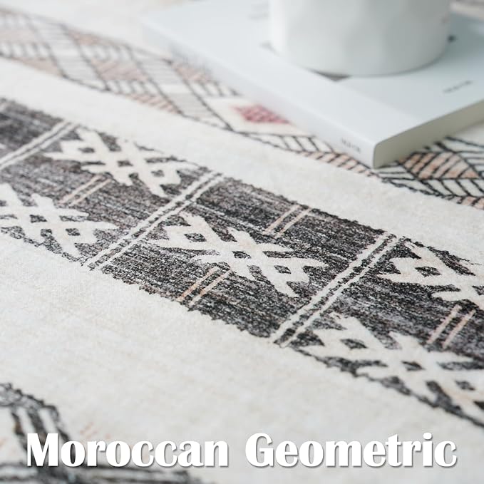10x14 Washable Area Rug: Moroccan Large Neutral Boho Area Rug for Living Room & Bedroom Geometric Non-Slip Farmhouse Carpet for Living Room Beige Colourful 10'x14'.