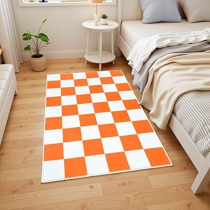 Terrug Orange and White Small Checkered Rug for Bedroom, 2x3 Soft Washable Rug with Non Slip Backing, Low Pile Throw Carpet for Entryway Hallway Kitchen Laundry Room
