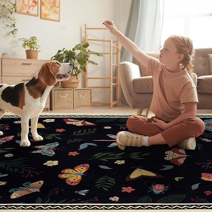 ASPMIZ Insect Area Rug 3X5, Black Bedroom Rug Non Slip, Spring Summer Washable Rug Farmhouse Butterfly Living Room Rugs Low Pile, Soft Faux Wool Throw Carpet for Entryway, Office, Nursery, Black