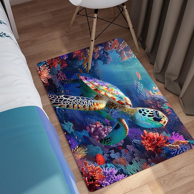 Sea Turtles Rug - Seafloor Turtle Area Rug for Kids 35" L x 23" W Coral Ocean Life Turtles Carpet Rugs for Bedroom Living Room Kids Room Decor