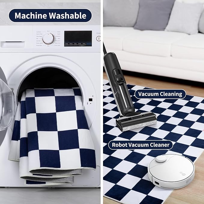 Terrug Navy and White Checkered Rug for Living Room Bedroom, 3x5 Soft Washable Area Rug with Non Slip, Low Pile Stain Resistance Carpet for Kids Room Entryway Kitchen Dorm