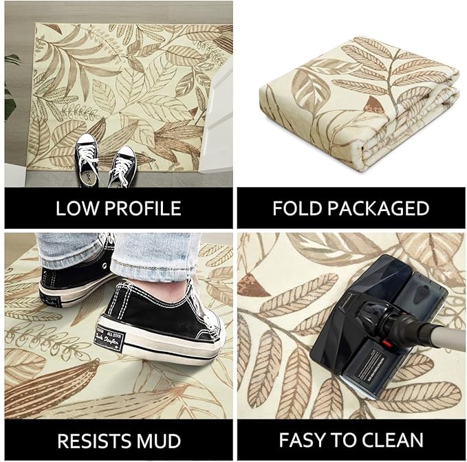 Ultra Thin 3x5 Small Entryway Rugs Indoor Doormat Stain Resistant, Vintage Floral Botanical Plants Throw Area Rugs for Bedroom Kitchen Living Room, Retro Khaki Bathroom Rugs Non Slip