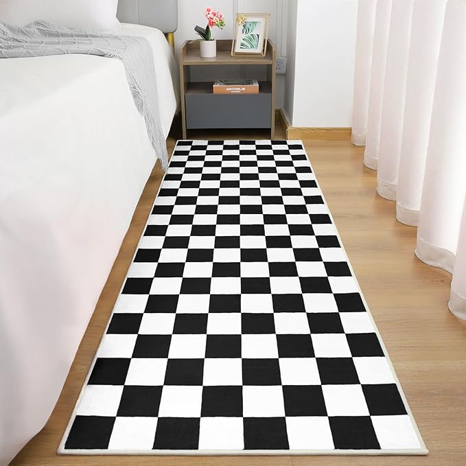 Terrug Black and White Checkered Runner Rug for Bedroom, 2x6 Soft Washable Rug with Non Slip, Low Pile Stain Resistance Carpet for Entryway Hallway Kitchen Laundry Living Room