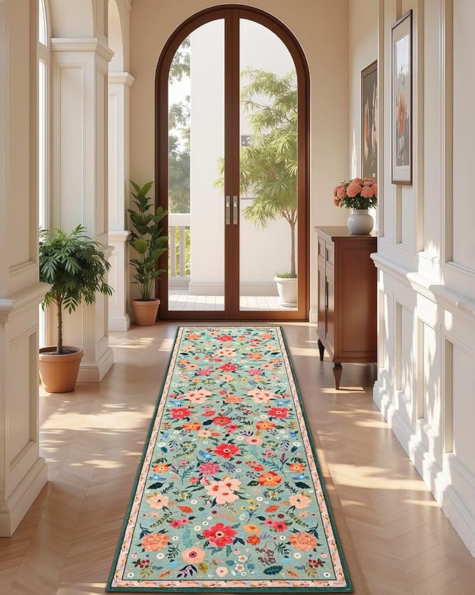 2.5x8 Floral Runner Rug, Flowers Printed Washable Rugs with Non Slip Backing for Girls Bedroom Kitchen Hallway,Cute Carpet Runners Home Aesthetic Decor, Light Green