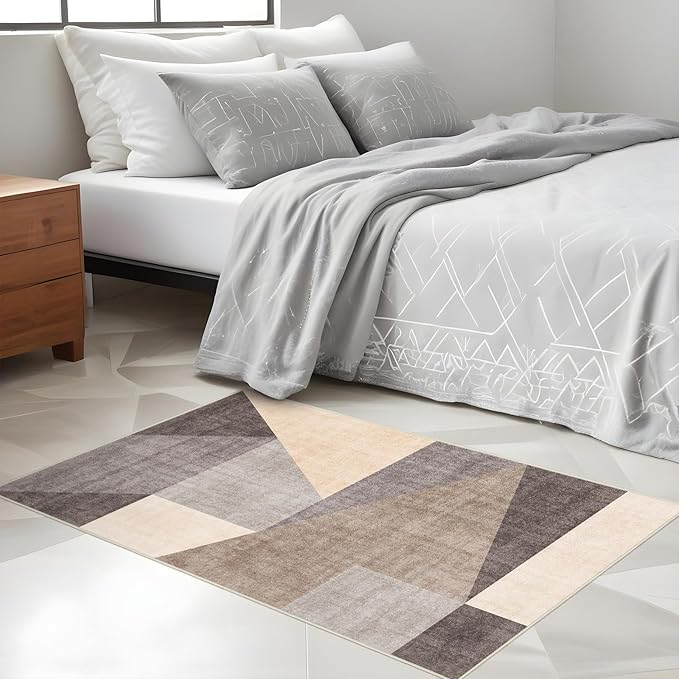 Washable Modern Area Rug: 2x3 Geometric Area Rugs for Entryway Small mat for Kitchen with Non-Slip Backing Indoor Bedroom Door Mat Brown Grey 2'x3'.