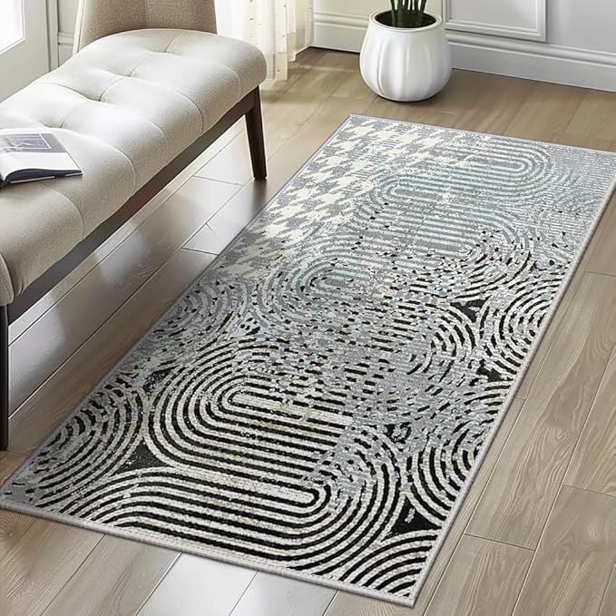 Bavni Area Rug, 3X5 Stain Resistant Washable Rug, Non Shedding Rugs for Bedroom Kitchen, Aesthetic Modern Abstract Rugs for Living Room, Durable Non Slip Soft Rug (Gray Black)