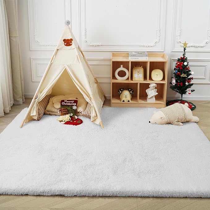 Fluffy Rug Shaggy Area Rug, White 6x9 Area Rugs for Living Room, Large Shag Area Rugs for Bedroom Kids Room Home Decor, Upgrade Anti-Skid Rectangular Fuzzy Rugs
