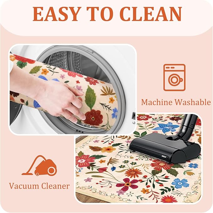 Washable Area Rugs 5'x7' Living Room, Non Slip Floral Vintage Low Pile Large Rugs for Living Room Stain Resistant for TribalBedroom, Farmhouse, Dining Room, Kids Playroom