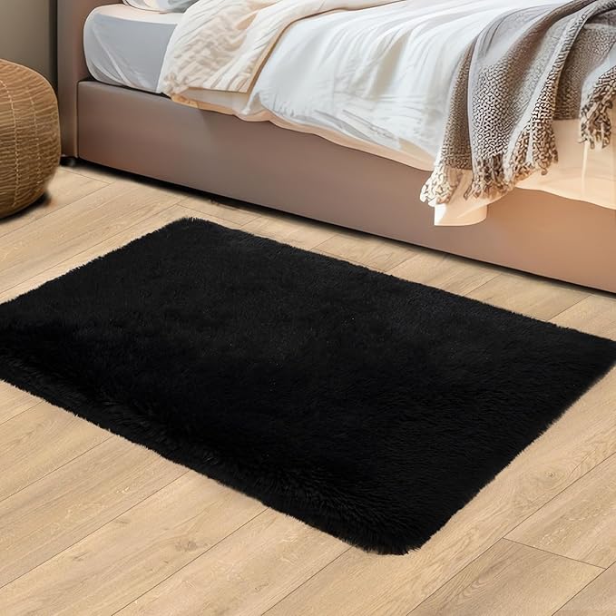 Black Rugs for Bedroom, 2x3 Feet Fluffy Area Rugs for Living Room, Soft Shag Kids Rug Small Carpet with 4 Non-Slip Rug Pads (2ft x 3ft, Black)