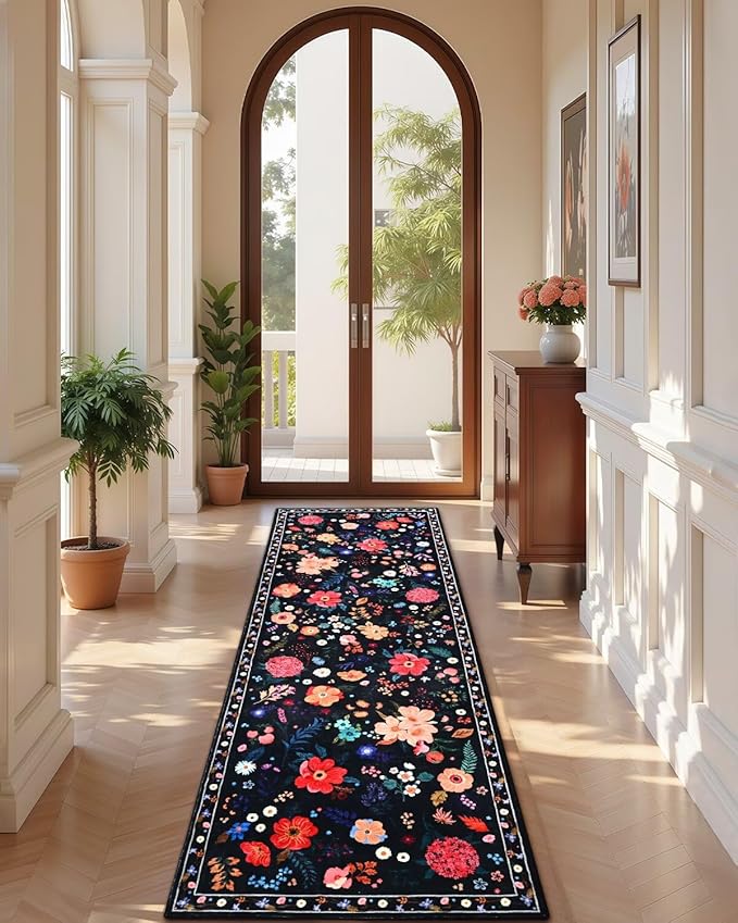 2.5x8 Floral Runner Rug, Flowers Printed Washable Rugs with Non Slip Backing for Girls Bedroom Kitchen Hallway,Cute Carpet Runners Home Aesthetic Decor, Black