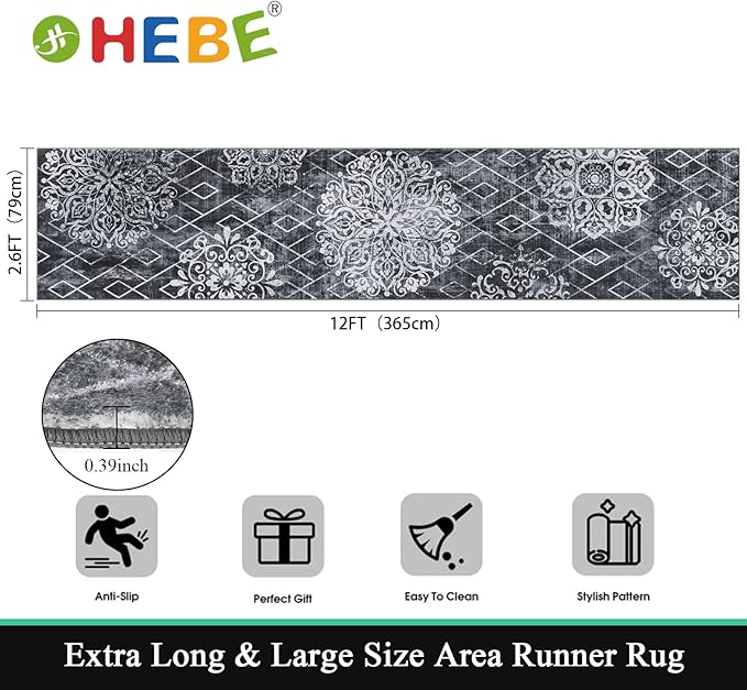 HEBE Hallway Runner Rug 2'8''x12' Washable Vintage Distressed Area Rugs Non Slip Laundry Rug Runner Boho Floor Carpet Runners for Hallways Entryway Laundry Room Kitchen Bathroom