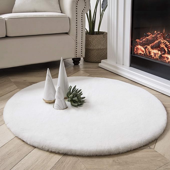 Ashler Faux Fur Rug, Ultra Soft Faux Rabbit Fur, White Area Rugs, 3 x 3 Feet Round, Machine Washable Nursery Decor Throw Rugs for Bedroom, Kids Room, Living Room