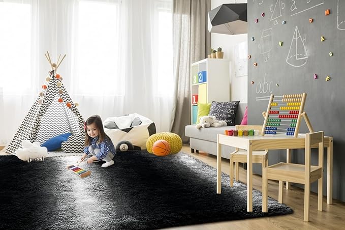 TWINNIS Super Soft Shaggy Rugs Fluffy Carpets, 4x5.9 Feet, Indoor Modern Plush Area Rugs for Living Room Bedroom Kids Room Nursery Home Decor, Upgrade Anti-Skid Rectangular Fuzzy Rug, Black White