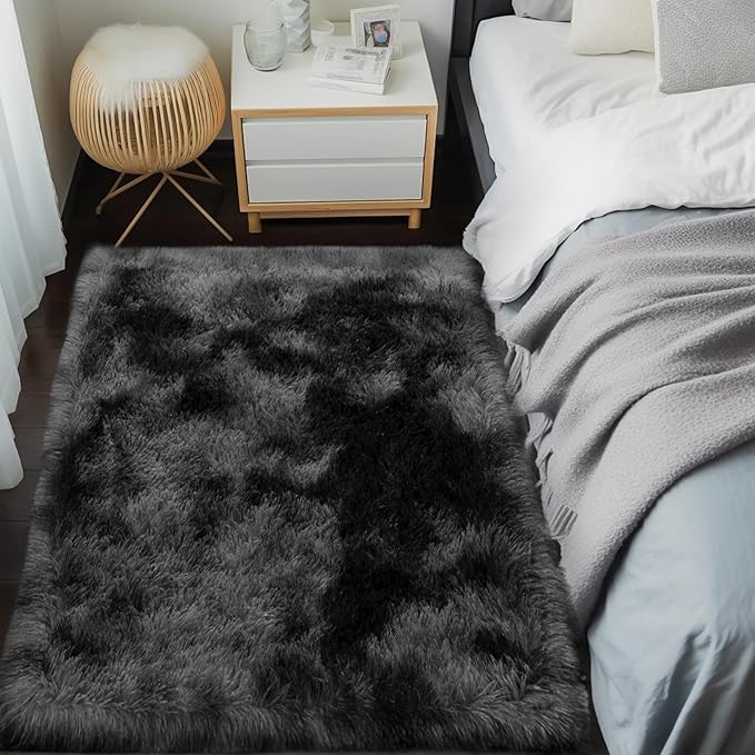 Zentavio Bedside Rugs Small 2x3 Shag Entry Entrance Rugs Soft Bedroom Carpet Area Rugs for Dorm College Essentials Non-Slip Living Room Throw Rug Home Decor Aesthetic Nursery Tie-Dyed Black Grey