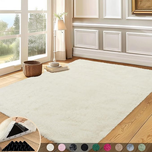 5x7 Rugs for Living Room, Large Fluffy Cream White Area Rugs for Bedroom, Soft Carpet Shag Kids Rug with 4 Non-Slip Rug Pads (5ft x 7ft, Cream White)