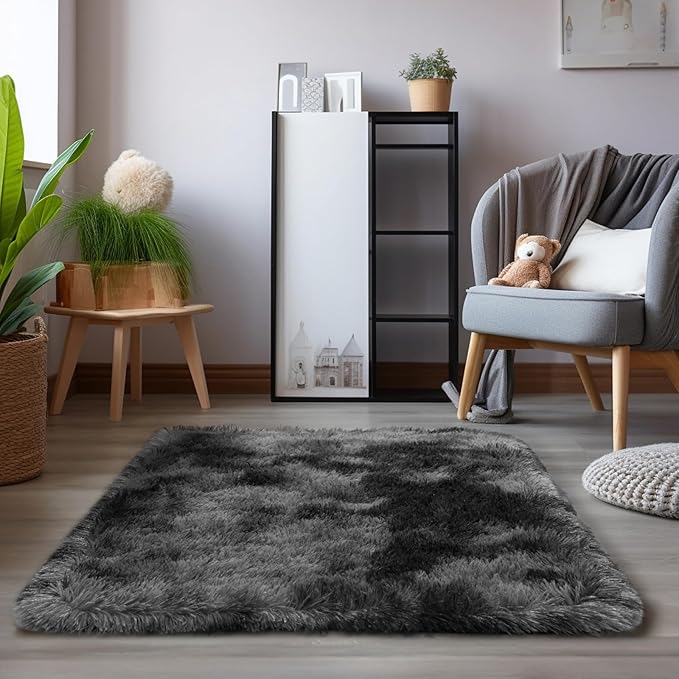 Zentavio Area Rugs for Living Room Small Carpet for Bedroom 3x5 Bedside Washable Soft Fluffy Shag Aesthetic Plush High Pile Throw Rug for Nursery Kids Room Dorm Room Tie-Dyed Black Grey