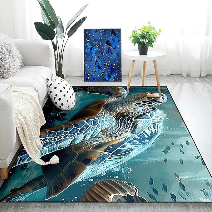Sea Turtle Coastal Rugs - Kids Sea Turtle Rugs for Bedroom Ocean Life Theme, 3'×5'