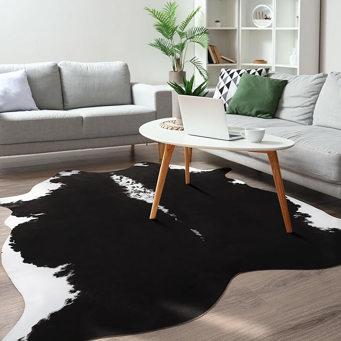 BENRON Premium Cowhide Rug Black, Faux Cow Hide Rugs for Living Room Bedroom Western Home Decor, Non Slip Cute Rug with Irregular Animal Skins and Hides, 4.6 x 5.2ft