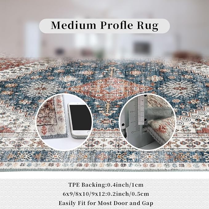 Oversized Rug for Living Room-Machine Washable Area Rugs 9'x12' for Bedroom, Non-Shedding Faux Wool Vintage Design Boho Low Pile Mat Rugs,Stain Resistant Rugs with Non-Slip Backing（Dark Color）