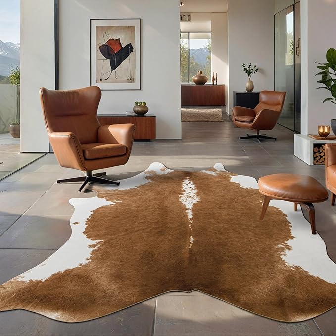 BENRON Premium Cowhide Rug, Faux Cow Hide Rugs for Living Room Bedroom Western Home Decor, Non Slip Cute Rug with Irregular Animal Skins and Hides, Khaki Brown, 5.2 x 6.2ft