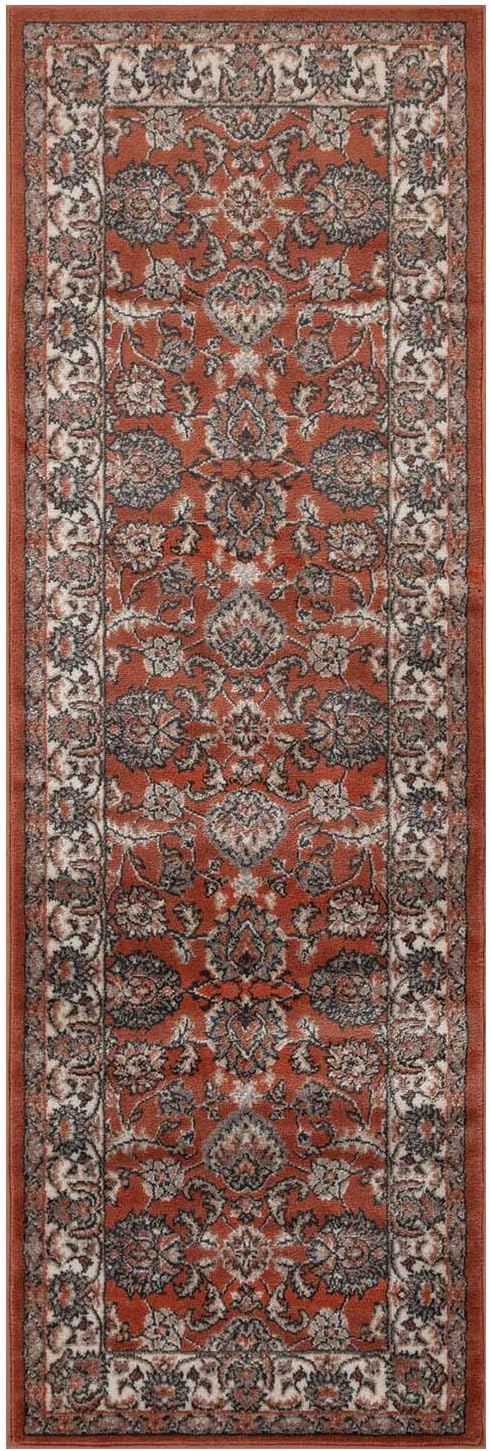 Superior Indoor Runner Rug, with Jute Backing, Chic Bordered Floor Decor for Living Room, Bedroom, Office, Entryway, Kitchen, Dining, Floral Design, Lille Collection, 2' 7" x 8', Brown-Salmon
