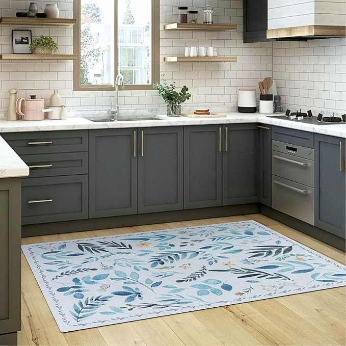 Syalife 3x5 Area Rugs, Non Slip Washable Low Pile Rugs for Living Room, Kitchen, Hallway, Bedroom Bedside, Kids Room, College Dorm (Blue Leafy, 3'x5')
