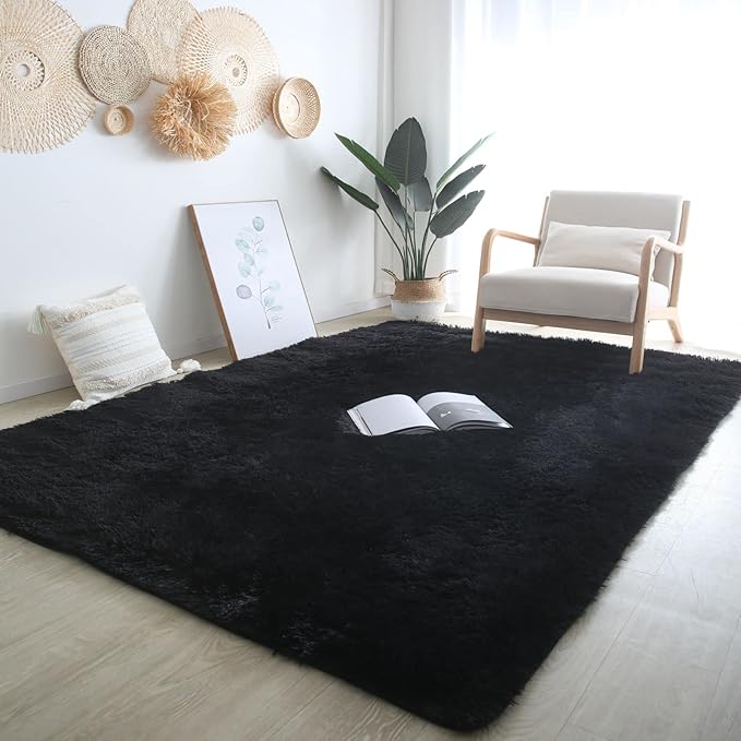 CAIYUECS Shag Area Rug,Indoor Ultra Soft Plush Rugs for Bedroom Living Room, Non-Skid Modern Nursery Faux Fur Rugs for Kids Room Home Decor (4x6 Feet, Black)